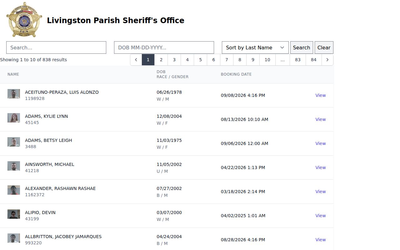 Livingston Parish jail roster search interface with booking-date fields