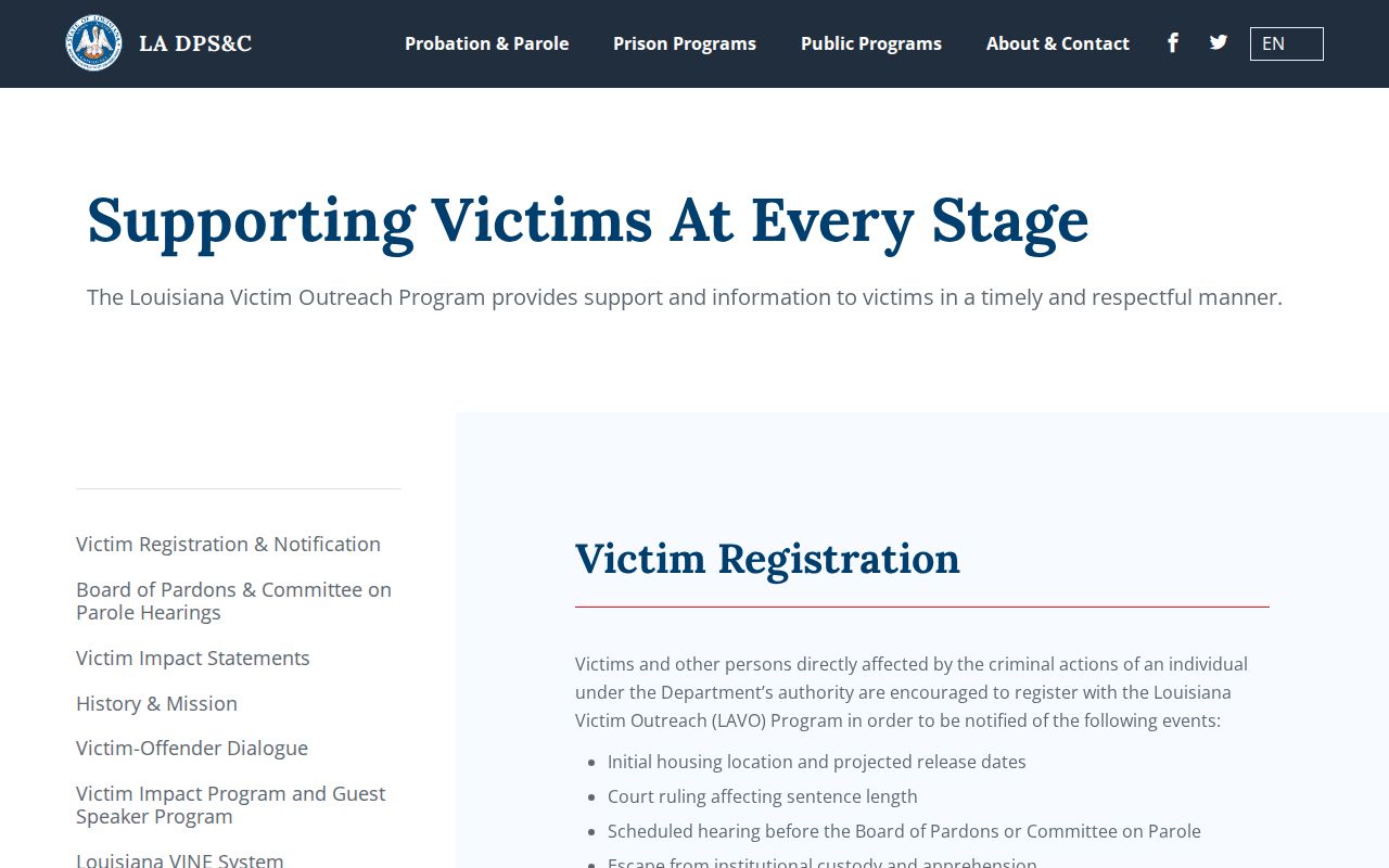 Louisiana Department of Public Safety and Corrections victim services information