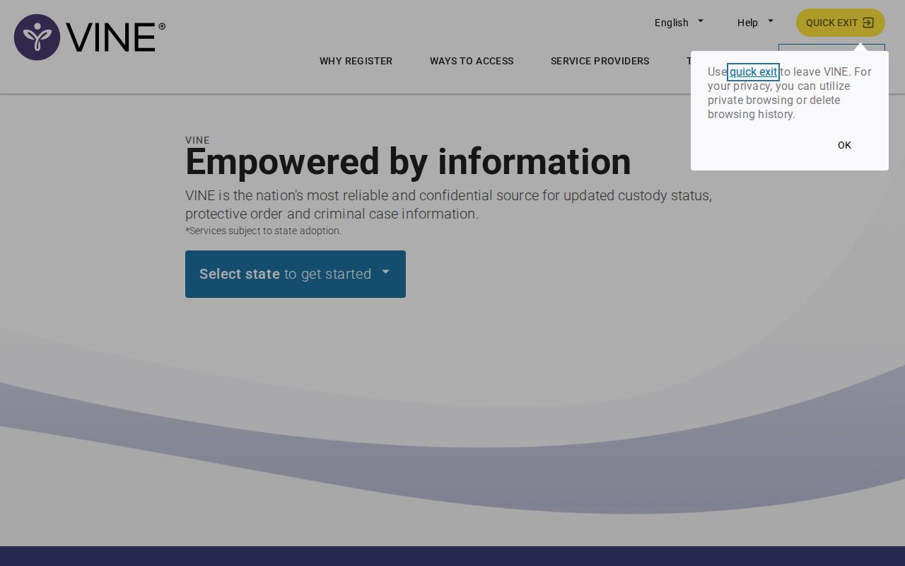 VINELink landing screen leading to custody search and alert registration