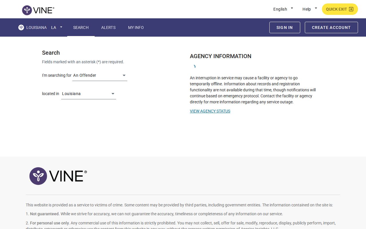 Louisiana VINELink person search screen for a custody lookup
