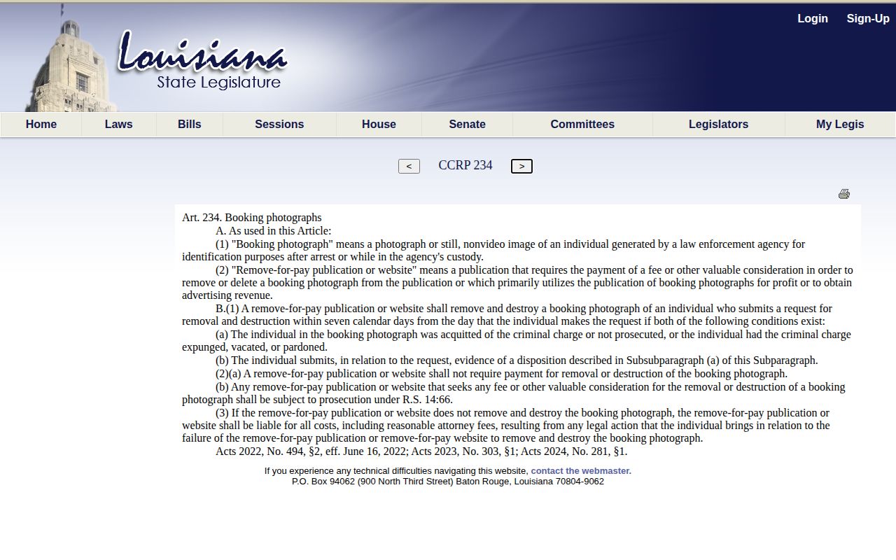 Louisiana Article 234 official booking photograph law page